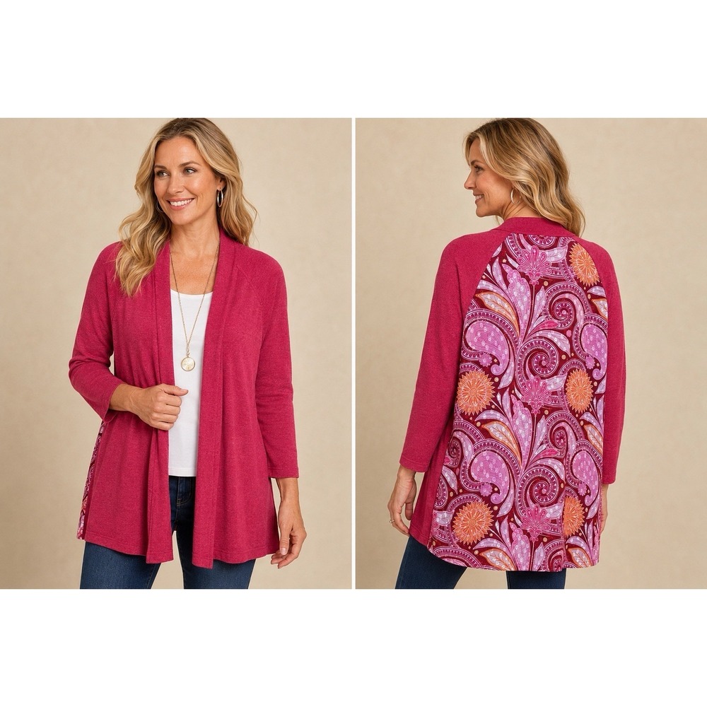 Soft Surroundings Pink Pattern Back Open Front Cardigan Sweater Medium NWT